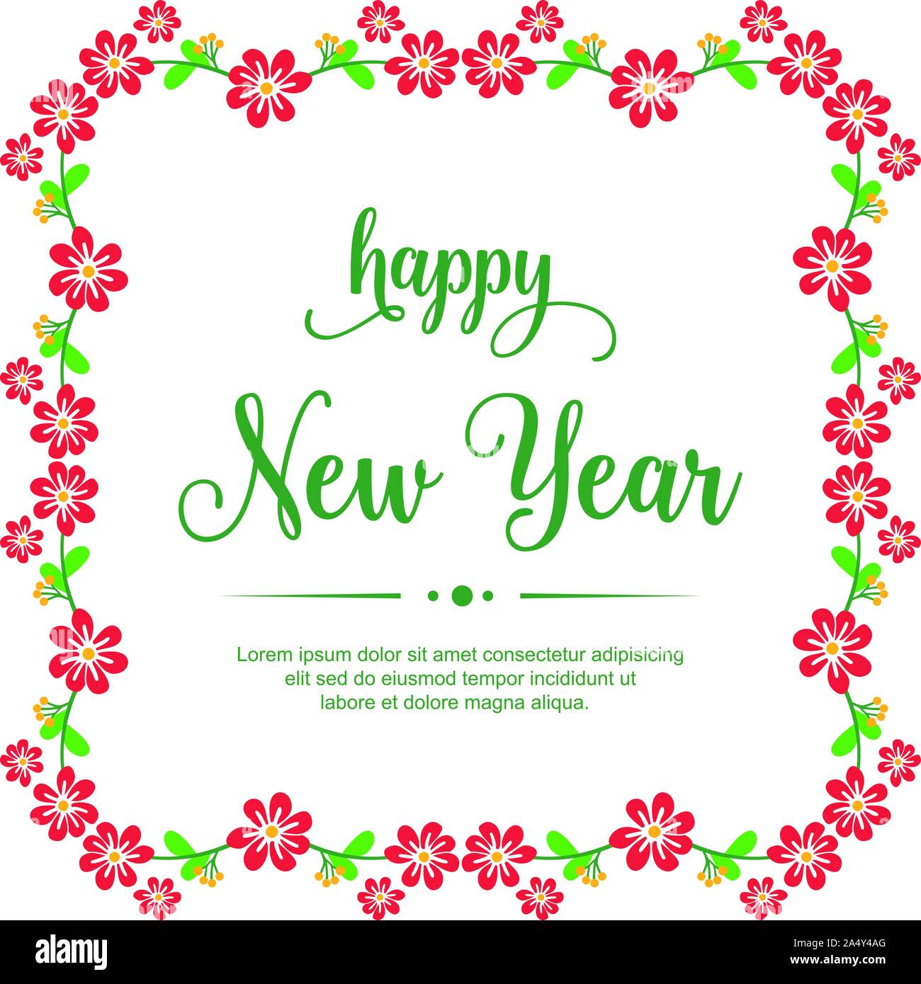 Concept of card happy new year with realistic red flower frame isolated ...