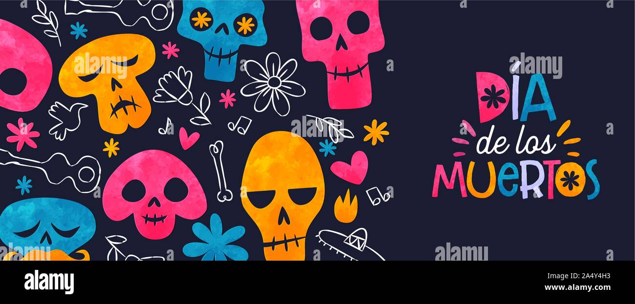 Day of the dead web banner, colorful watercolor sugar skull with traditional hand drawn Mexico decoration. Dia de los muertos text in Spanish, skeleto Stock Vector