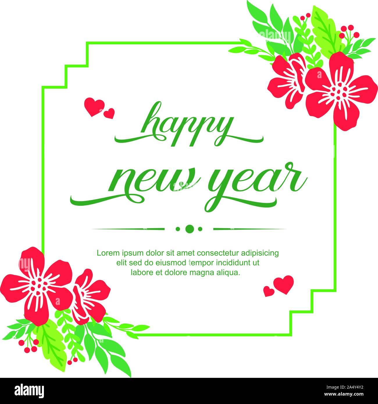 Lettering happy new year hand drawn, with design element of red flower ...