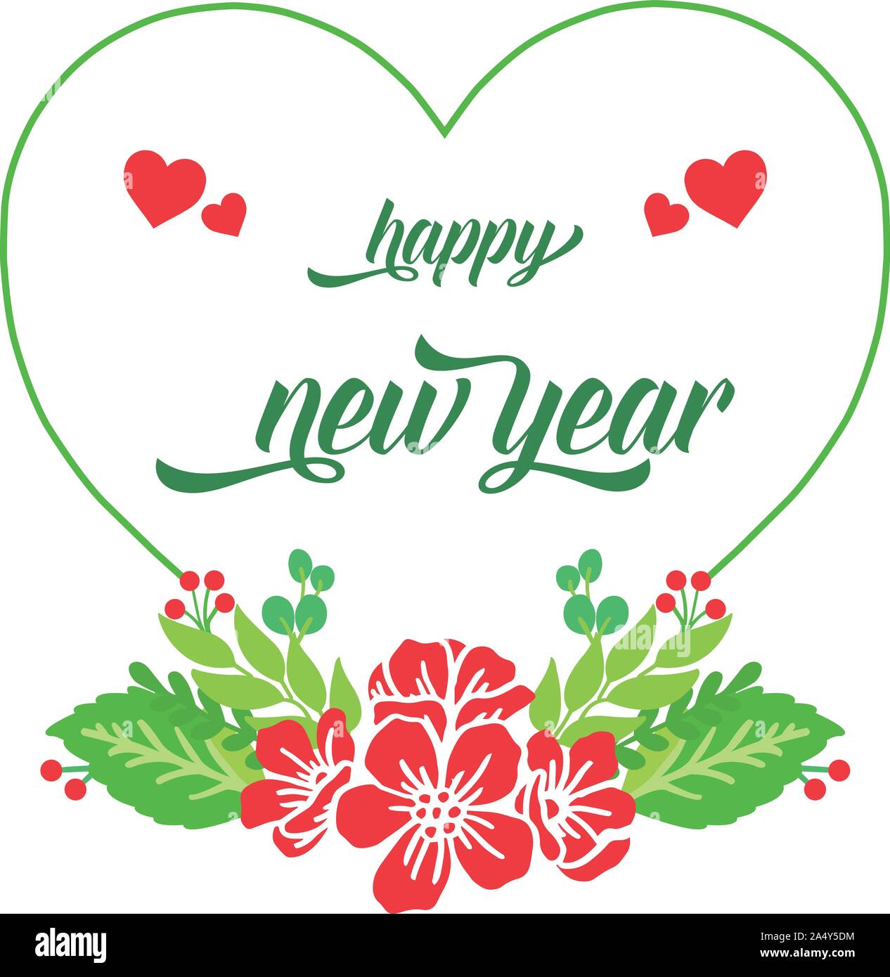 Lettering happy new year hand drawn, with design element of red flower ...