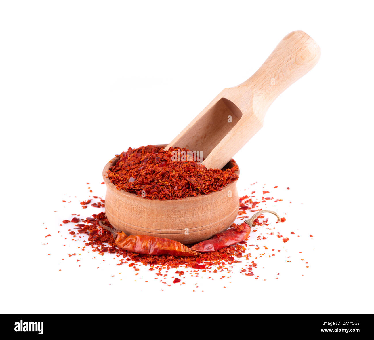 Dry and crushed chili pepper flakes isolated on white background. Red