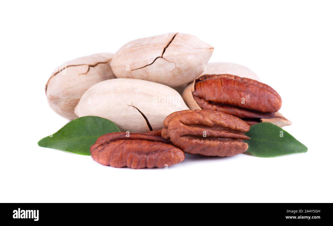 Pecan nuts with leaves, isolated on white background. Shelled and