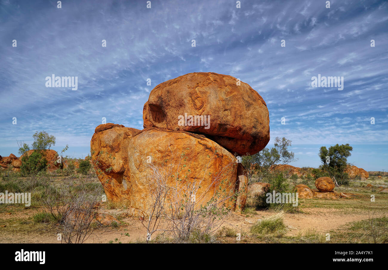 The Devil's Marbles are in Northern Territory about 105 km south of Tennant Creek Australia. Photo taken on the 4/6/2019 Stock Photo