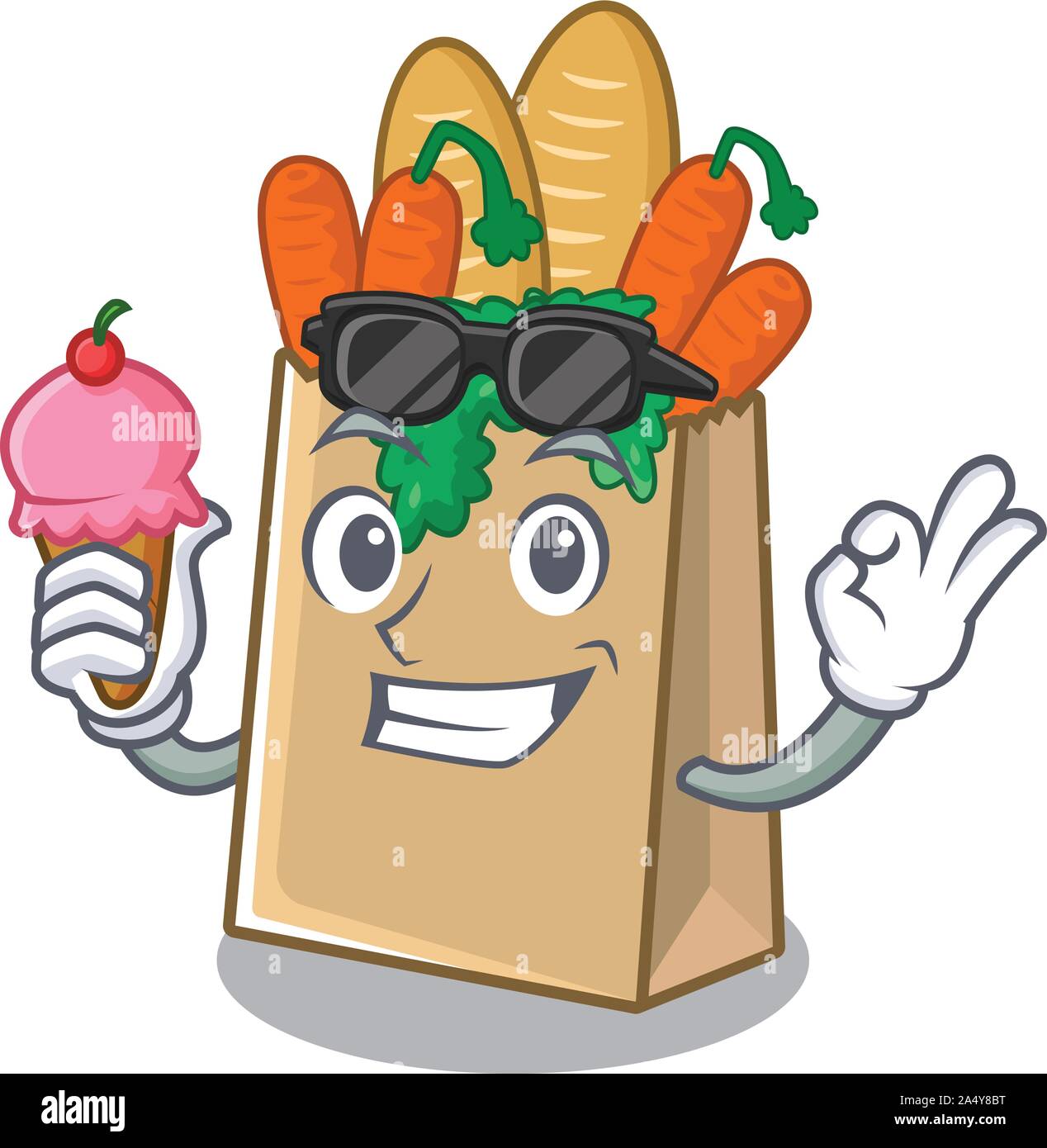 With ice cream grocery bag in above cartoon table Stock Vector Image