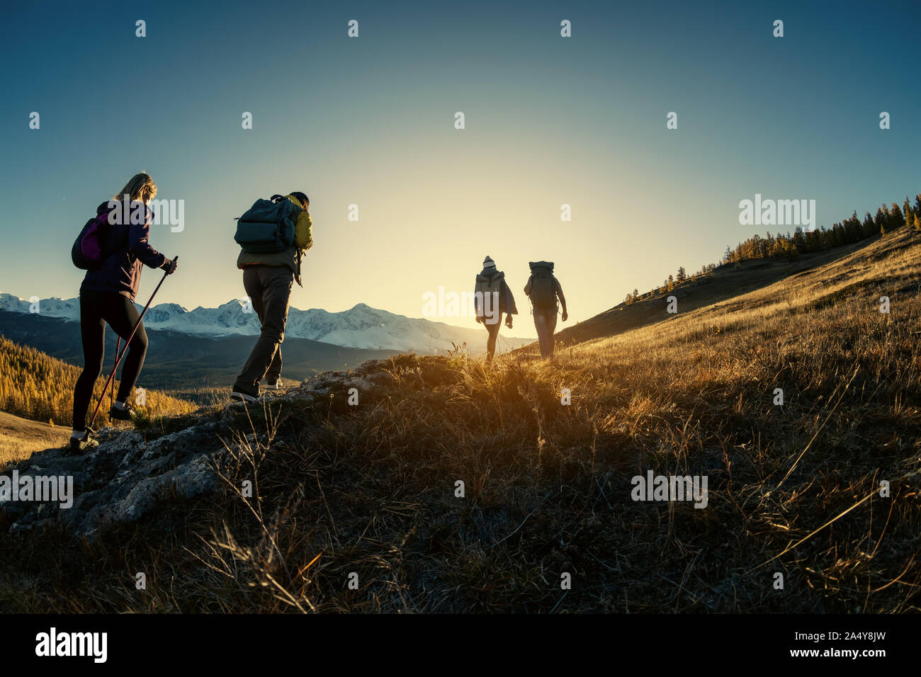 Group of young hikers walks in mountains at sunset time Stock Photo