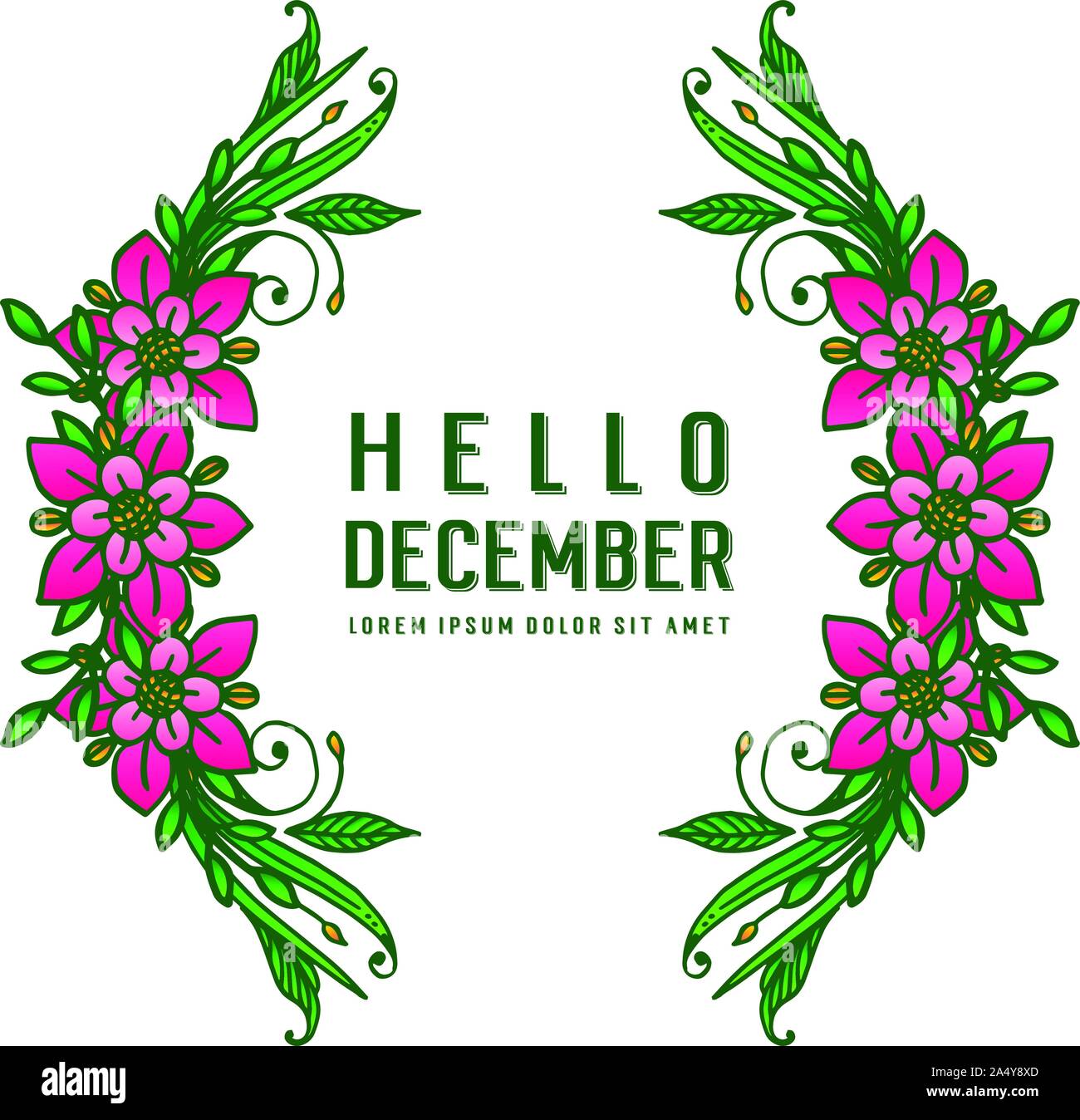 Simple December Design Template of card hello december, with ornament of pink wreath frame ...