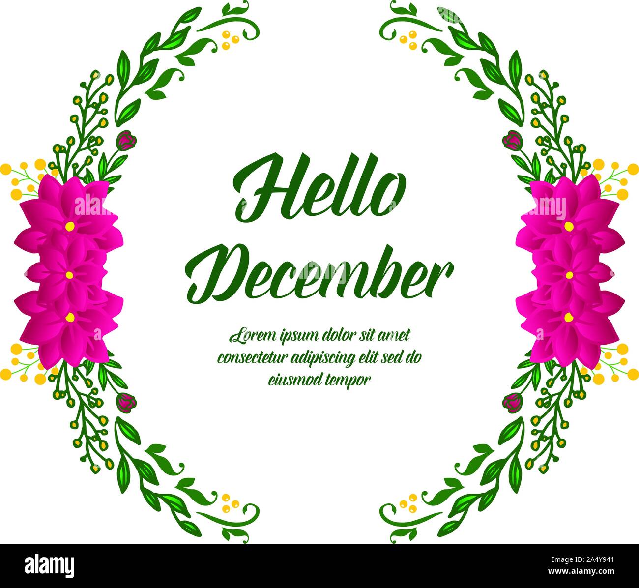 Poster hello december, with wallpaper of green leafy flower frame