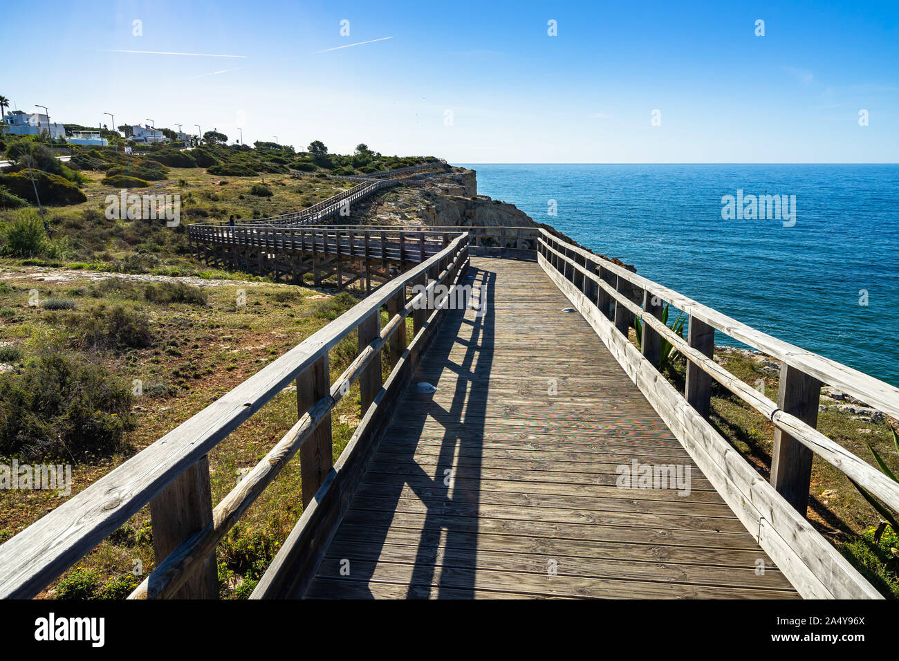 Carvoeiro boardwalk is a scenic cliff top walk that leads from the town to the Algar Seco rock formation, Algarve, Portugal Stock Photo