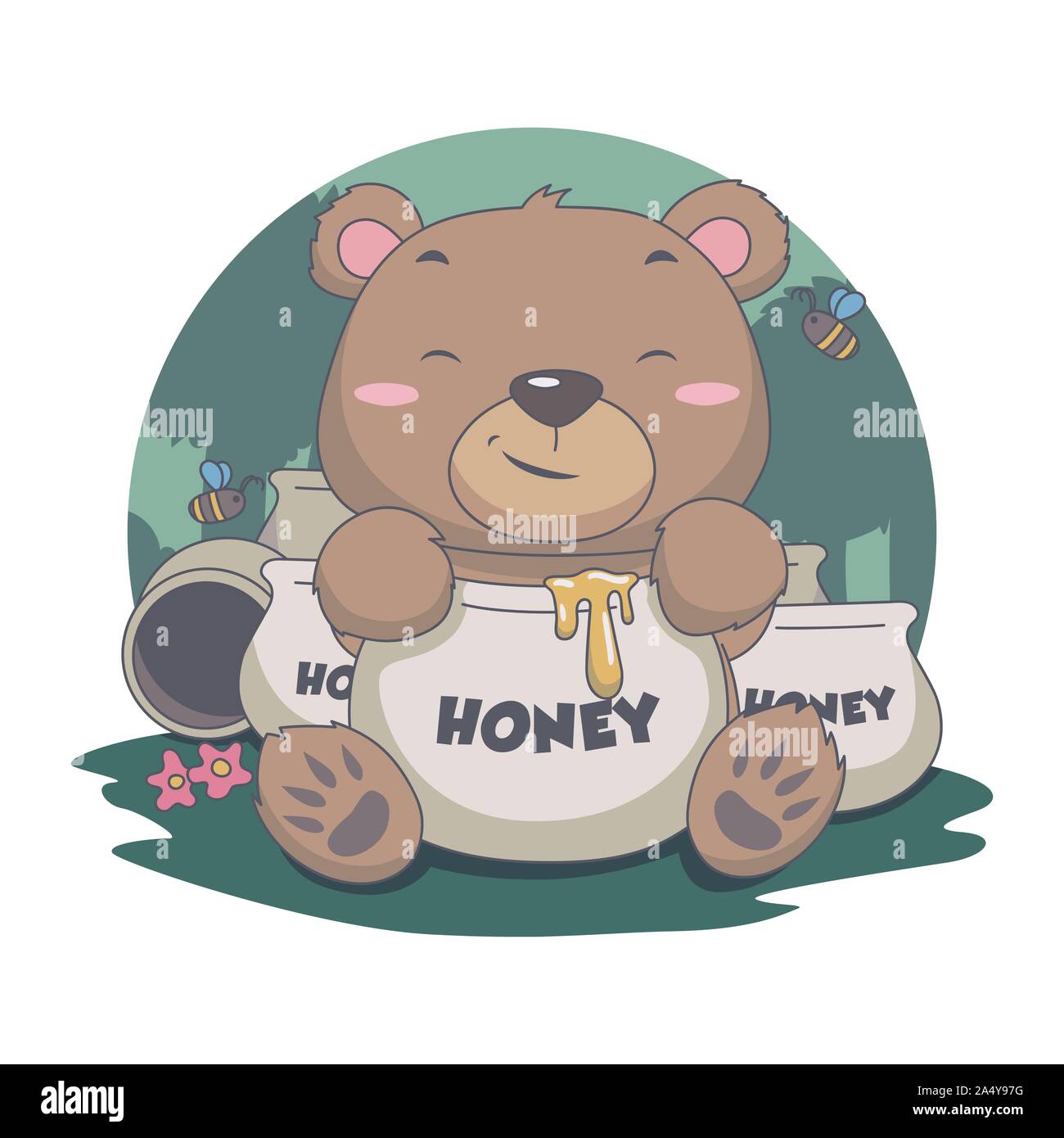 Cute Bear Eat Sweet Honey, with Bee, flower, forest Vector Illustration