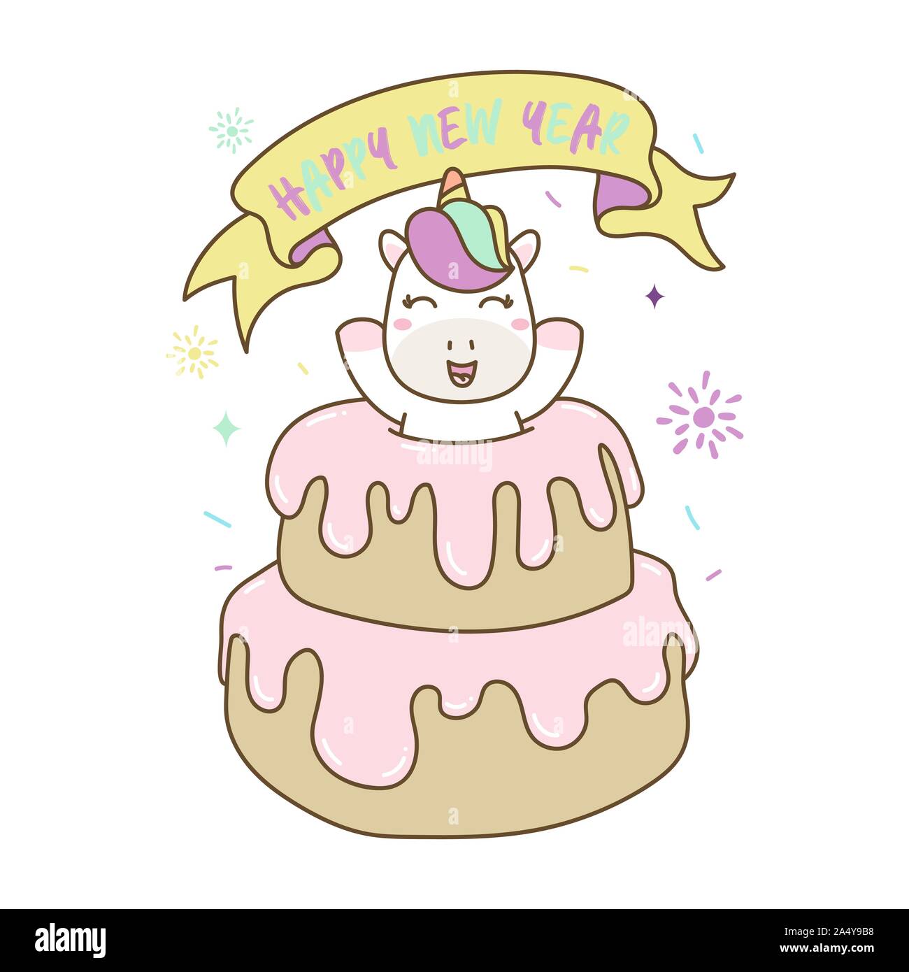 Cute Unicorn out from Birthday Cake, Celebrate Happy New Year. Vector  Illustration Stock Vector Image & Art - Alamy