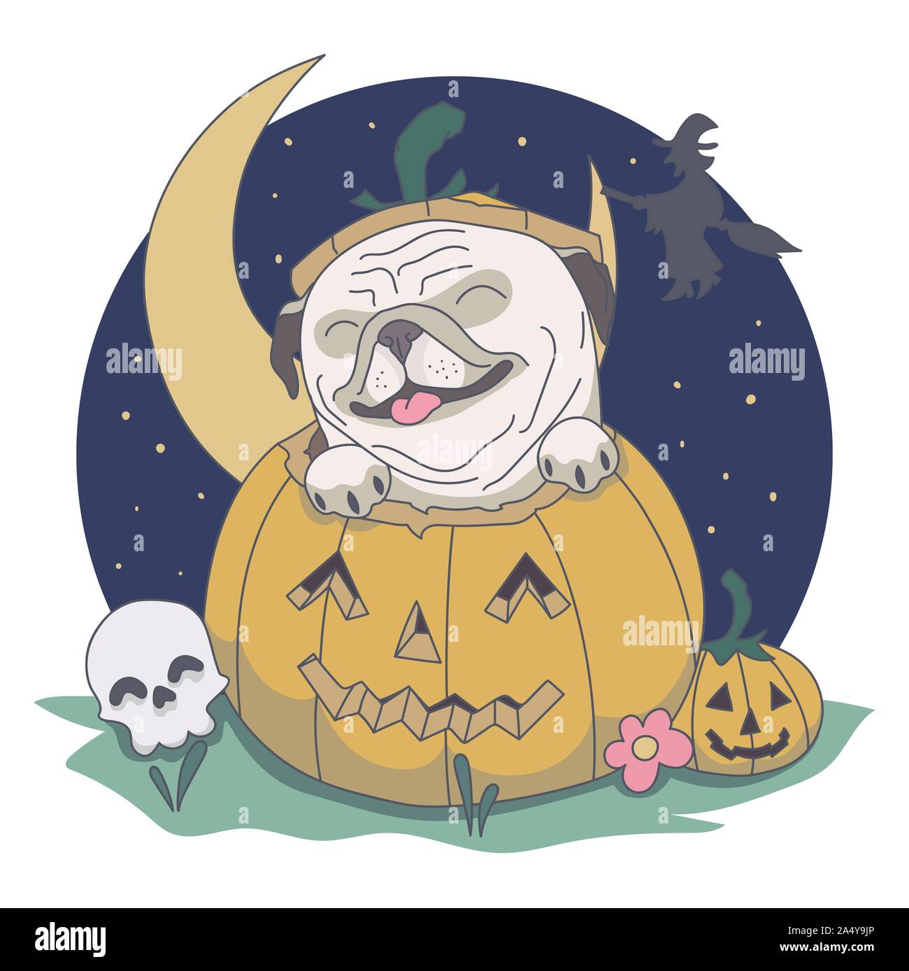 Pug out from Pumpkin. Skull, night, witch vector illustration Stock Vector