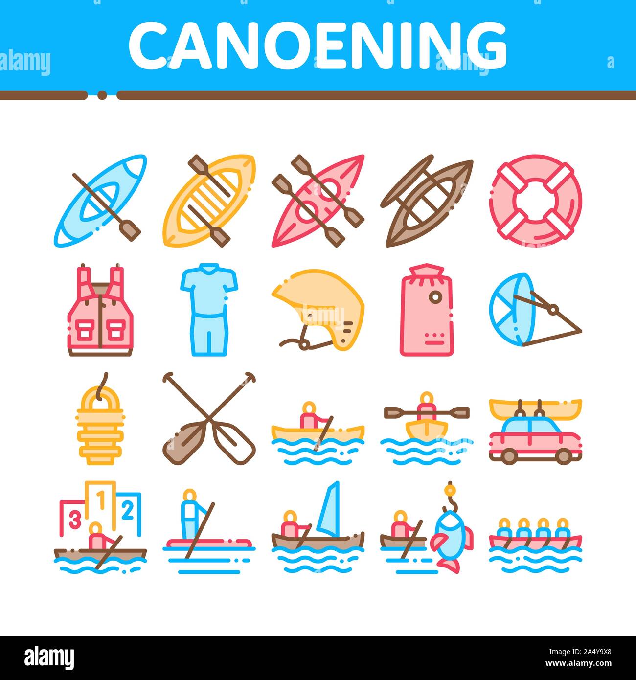 Canoeing Collection Elements Icons Set Vector Stock Vector