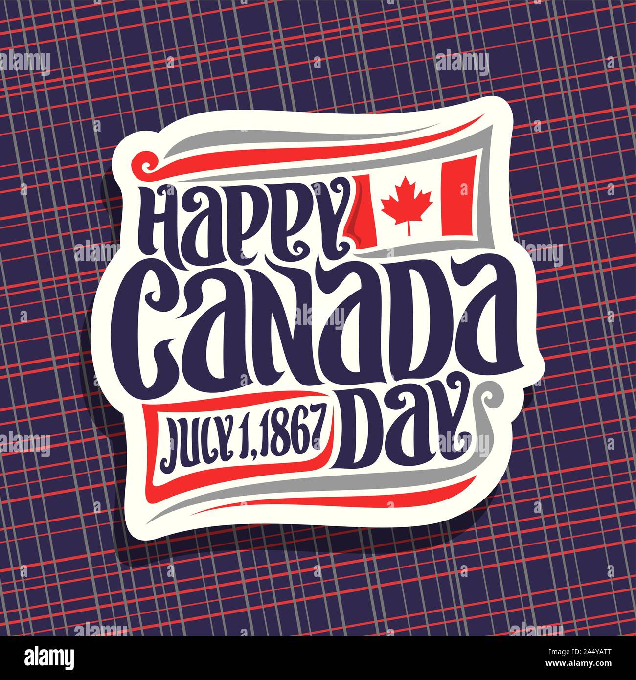 Vector logo for Canada Day, cut paper sign with national flag of canada, date of united - july 1, 1867 year and original brush typeface for greeting t Stock Vector