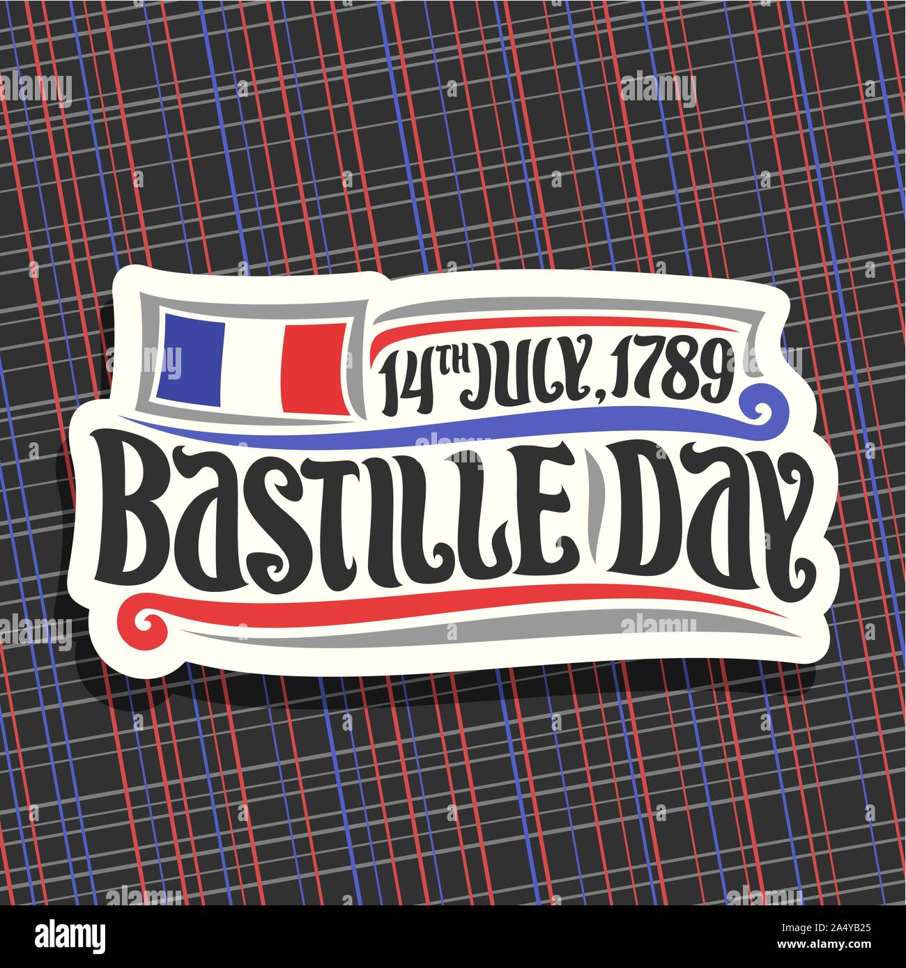 Vector logo for Bastille Day in France, white cut paper sign for patriotic holiday of france with french national flag, original brush typeface for wo Stock Vector