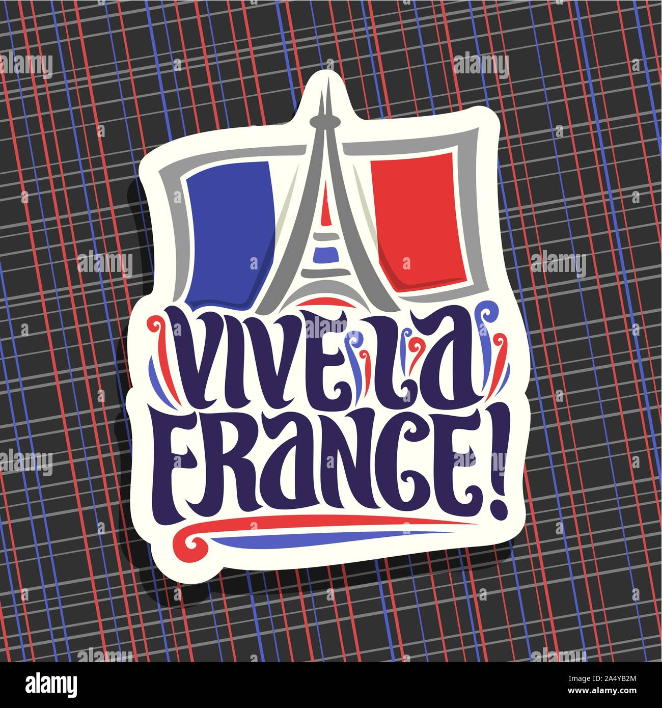 Vector logo for motto Vive La France! Cut paper sign for patriotic holiday of france with french national flag and abstract eiffel tower, original bru Stock Vector