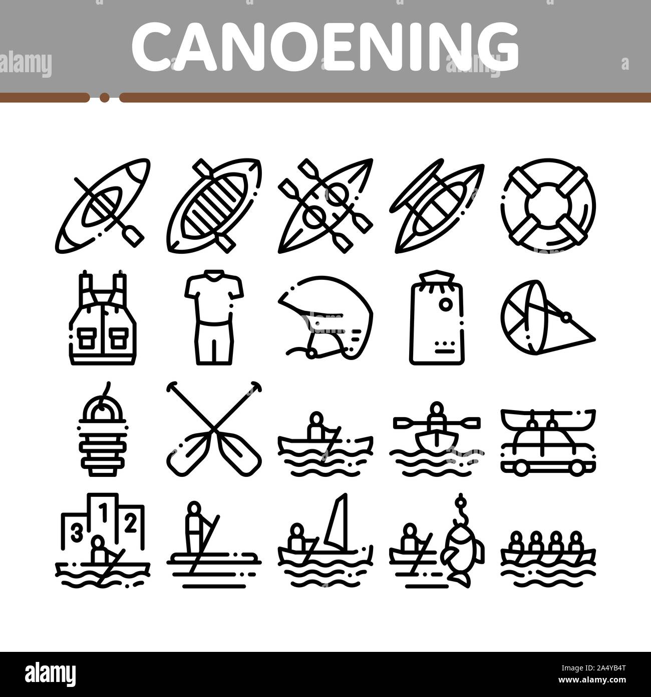 Canoeing Collection Elements Icons Set Vector Stock Vector