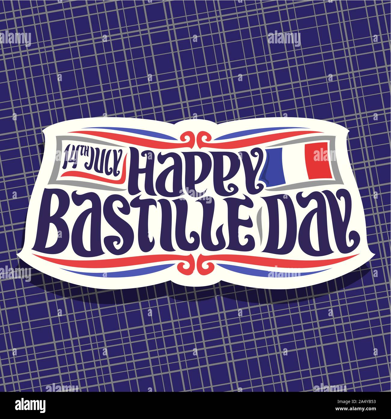Vector logo for Bastille Day in France, cut paper sign for patriotic holiday of france with date 14th july, original brush typeface for greeting words Stock Vector