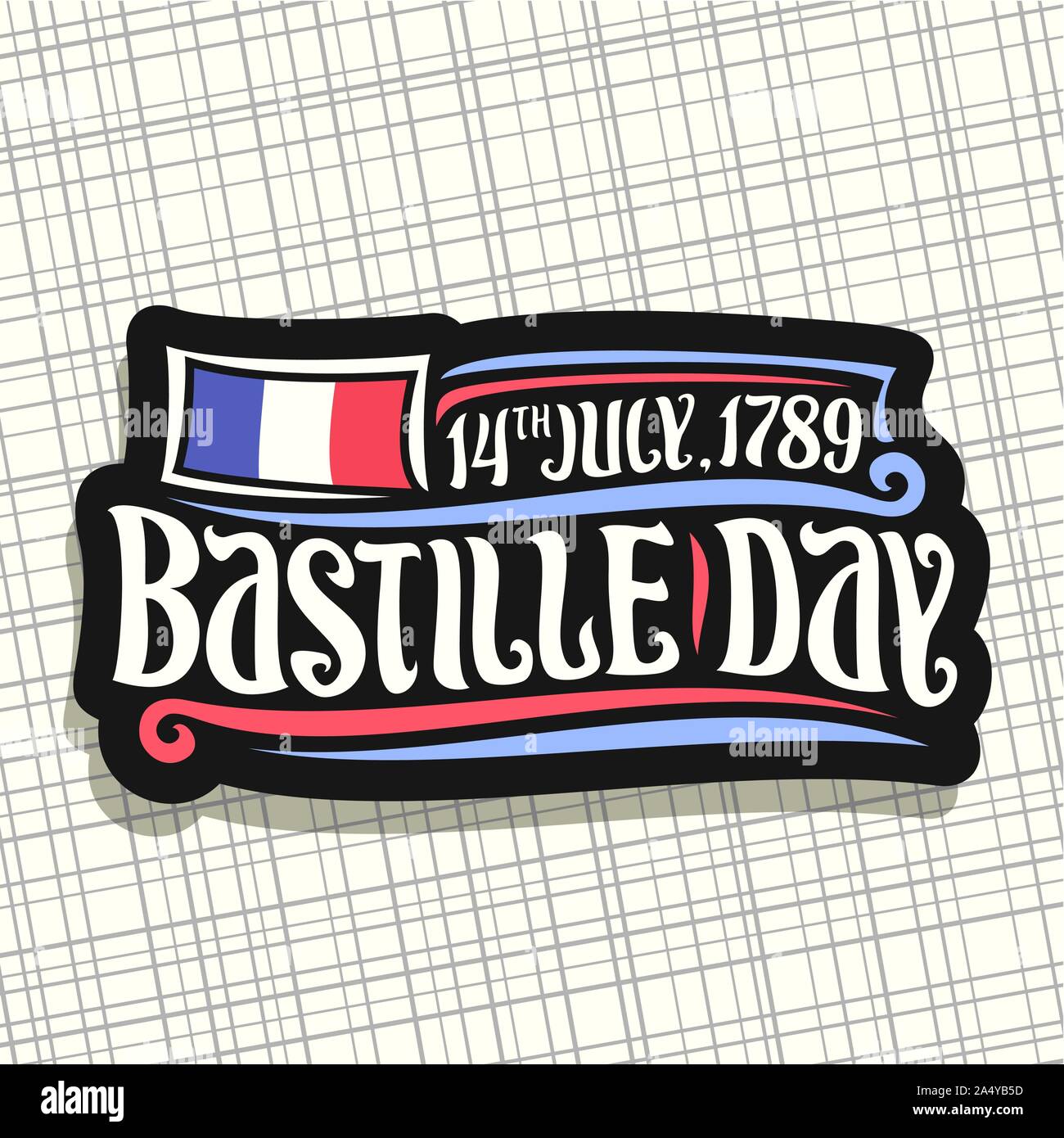 Vector logo for Bastille Day in France, black cut out sign for patriotic holiday of france with french national flag, original brush typeface for word Stock Vector
