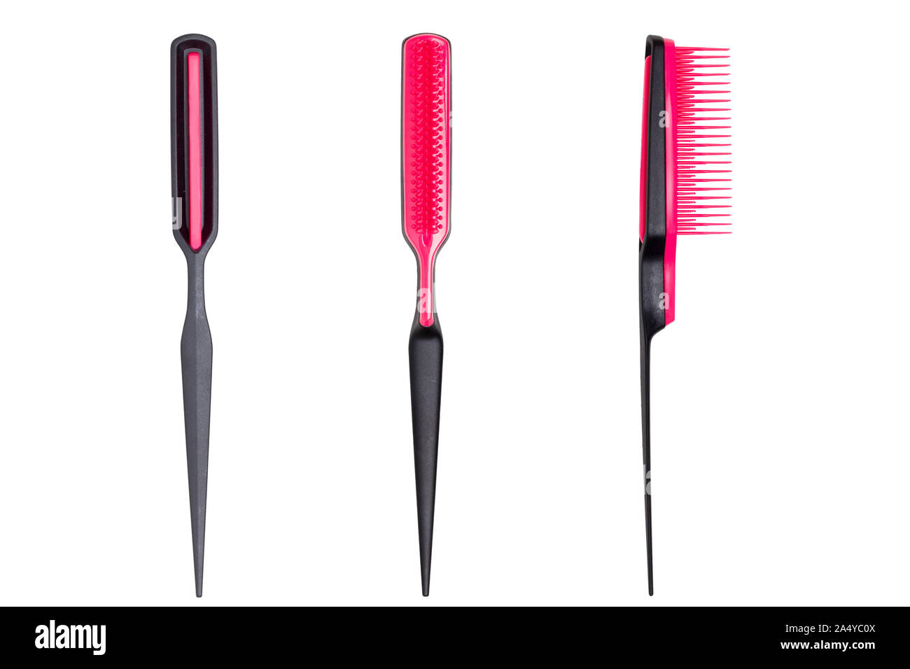 Hair combs isolated. Closeup of a stylish pink hair comb in three views. Macro photo of front, side and rear view. Concept of body and beauty care. Stock Photo