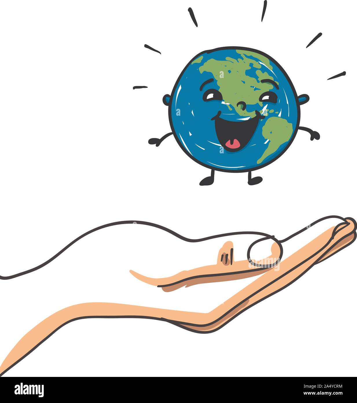 Hand protecting the earth. Hand-drawn vector cartoon. Suitable for environmentalism, climate change, ecology Stock Vector