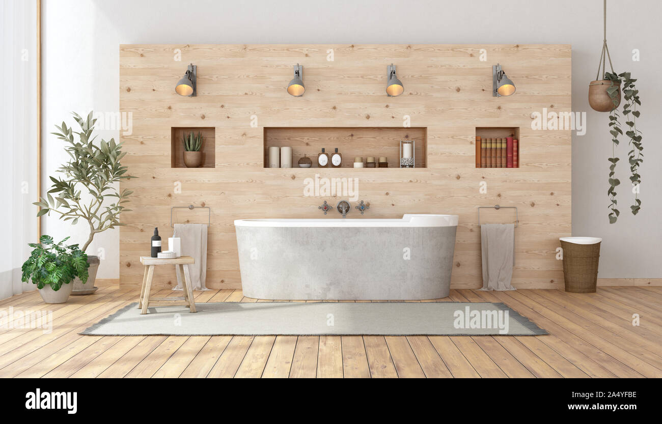 Bathroom in rustic style with bathtub against wooden wall with niche - 3d rendering Stock Photo