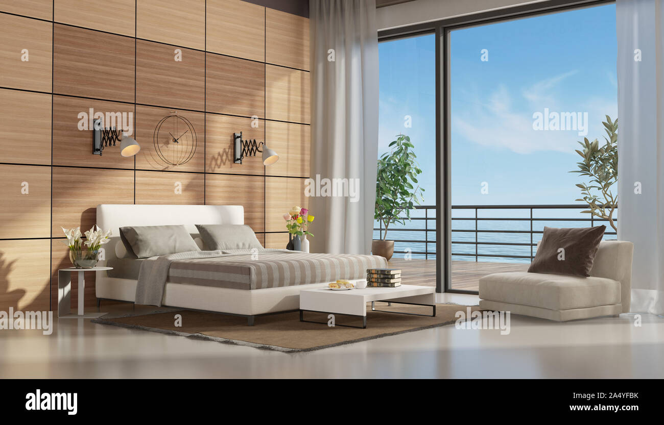 Mastre bedroom with terrace overlooking the sea and double bed against wooden paneling - 3d rendering Stock Photo