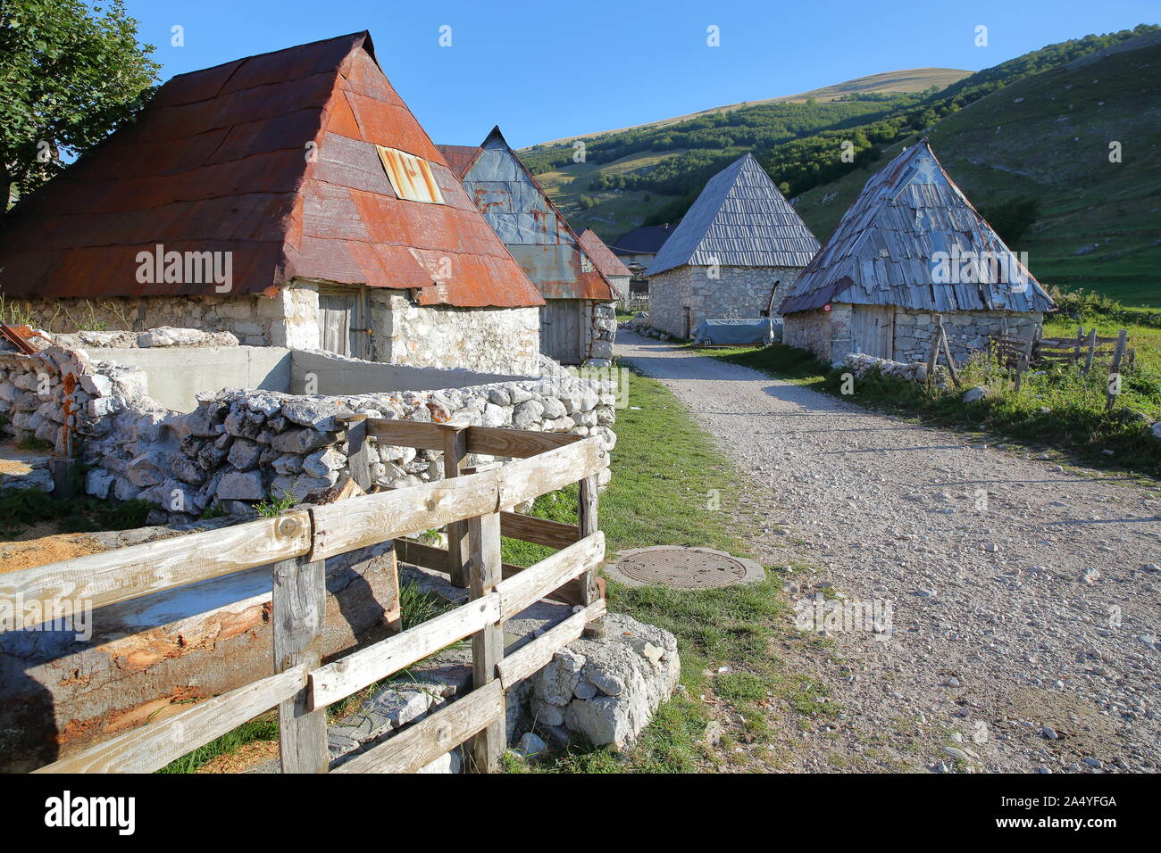 Traditional houses in Lukomir village, Bosnia's highest village at 1469 meters and the most remote in the entire country, Bosnia and Herzegovina Stock Photo
