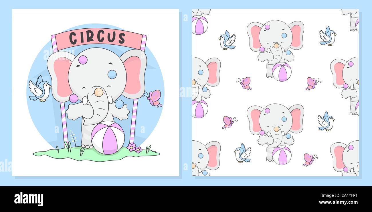 Cute Circus Elephant Illustration with pattern seamless. vector Illustration ready for print. Stock Vector