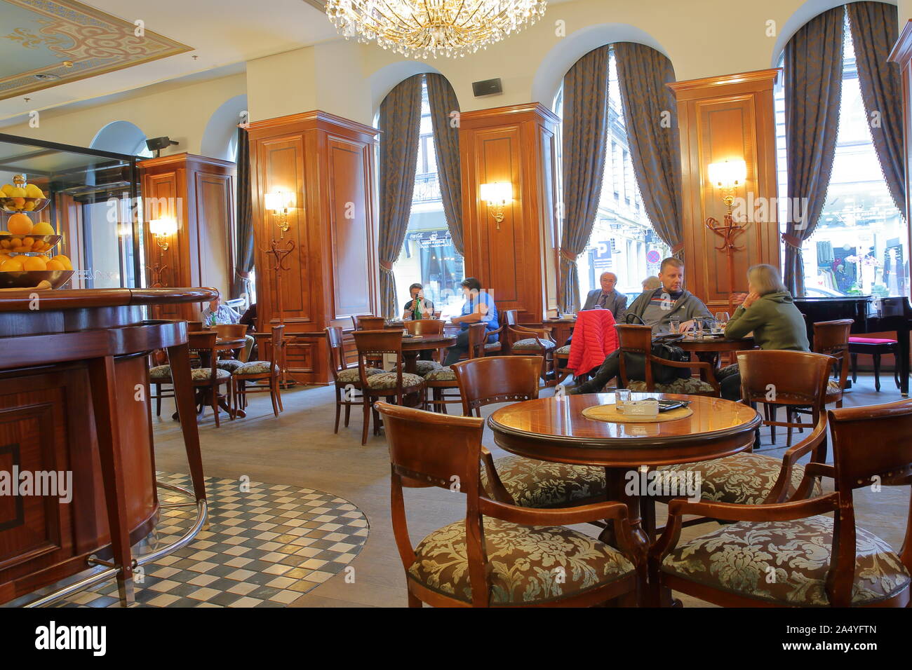 SARAJEVO, BOSNIA AND HERZEGOVINA - SEPTEMBER 18, 2019:  The interior of Becka Kafana Cafe, located inside Hotel Europe Stock Photo