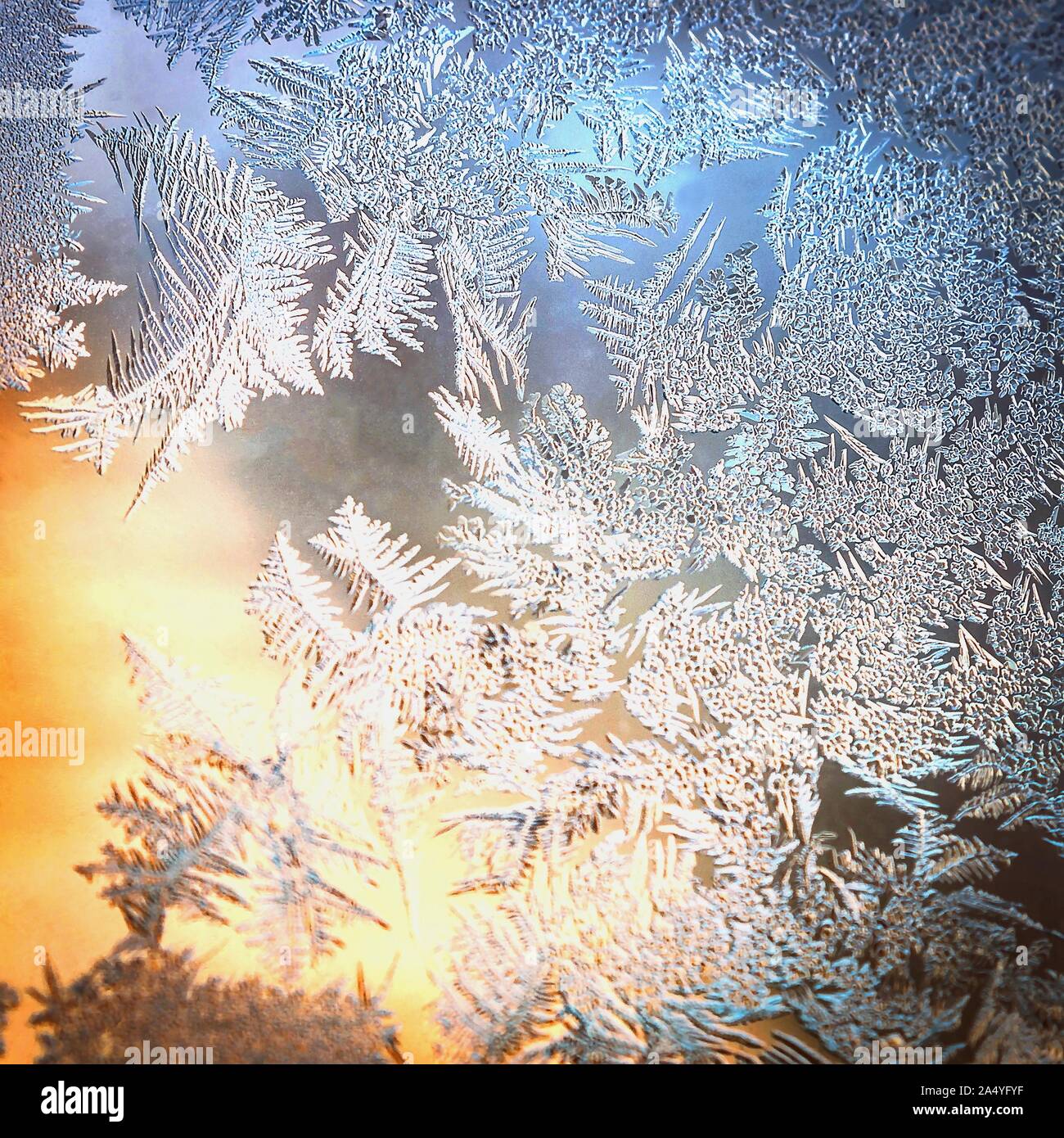 Frosty Window Glass with Natural Ice Patterns and Blurred Colorful ...