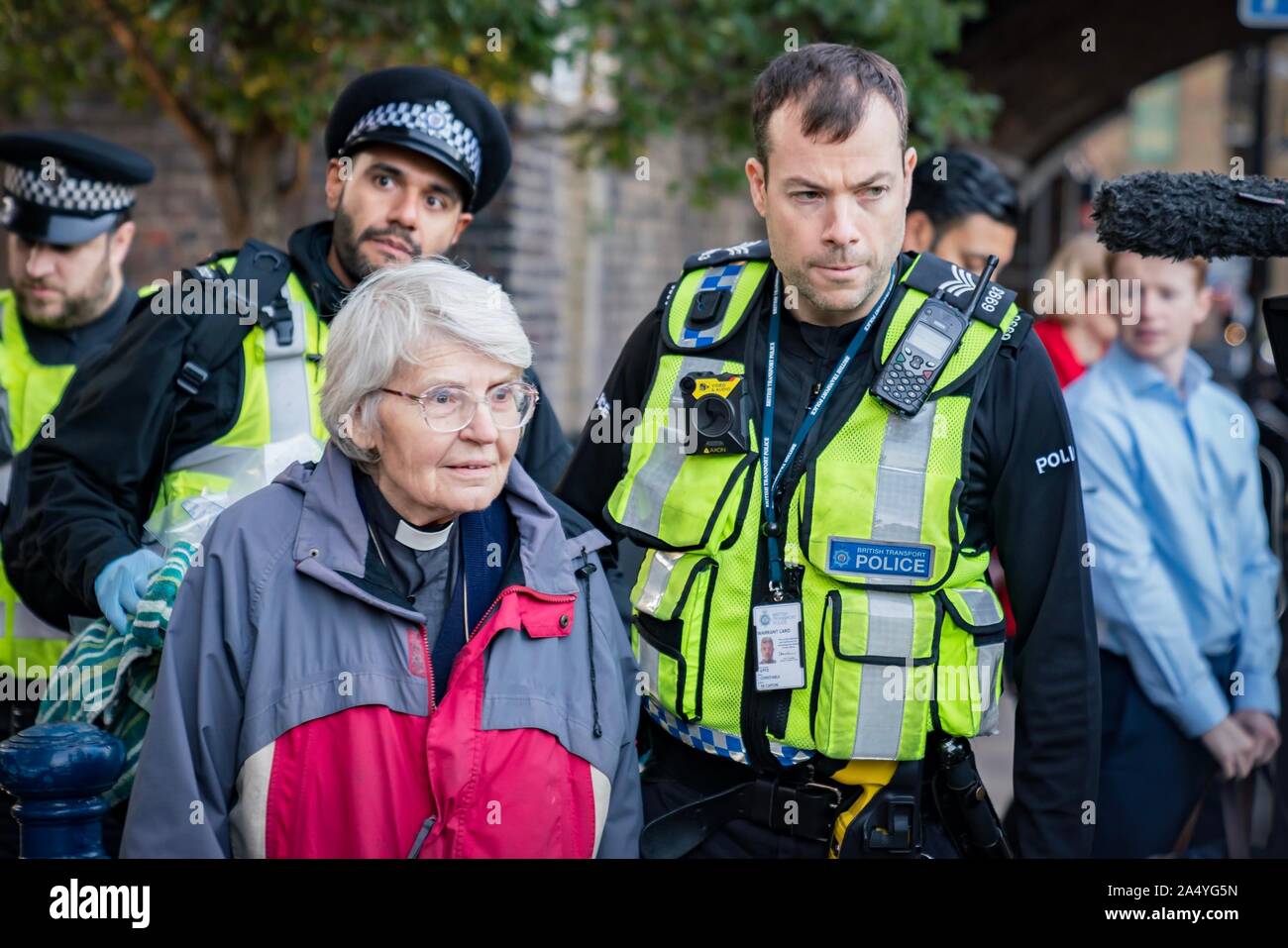 London, UK. 17th Oct, 2019. Member of Christian Climate Action - Rev. Sue Parfitt (77, from Bristol) arrested after climbing on the roof of a DLR train at Shadwell station during the Extinction Rebellion protests in central London, UK. Credit: Vladimir Morozov/Alamy Live News Stock Photo