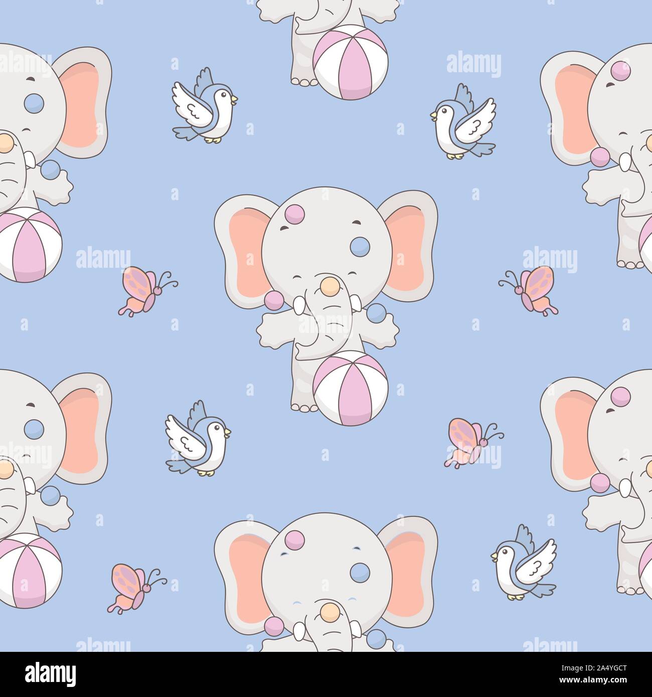Elephant, Bird, Butterfly Seamless Pattern. Vector Illustration ready for print Stock Vector