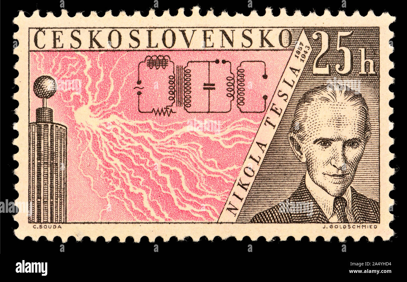 Czech postage stamp (1959) : 'Radioinventors' series. Nikola Tesla (1856-1943)  Serbian/American inventor and electrical engineer,best known for his... Stock Photo