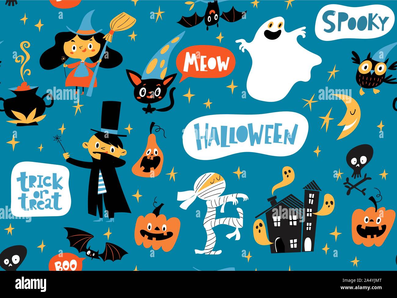 Vector seamless pattern for Halloween with funny cartoon characters. Stock Vector