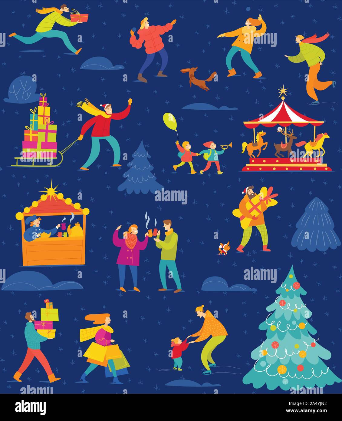 Winter seamless pattern with people for Christmas Stock Vector