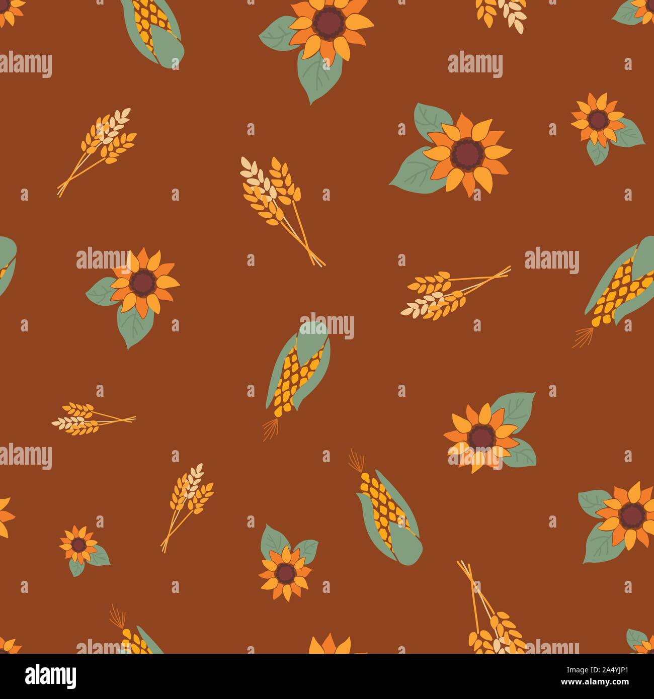 Corn, crop and sunflowers on brown background seamless repeating vector ...