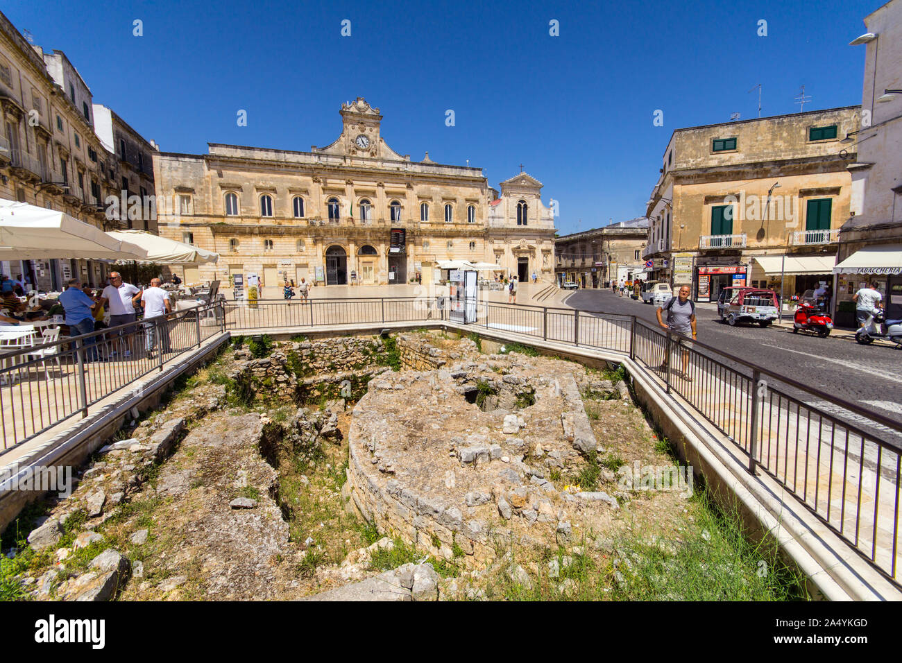 Italy, Apulia, Ostuni, Piazza della Libertà, the city hall and archaeological excavation Stock Photo