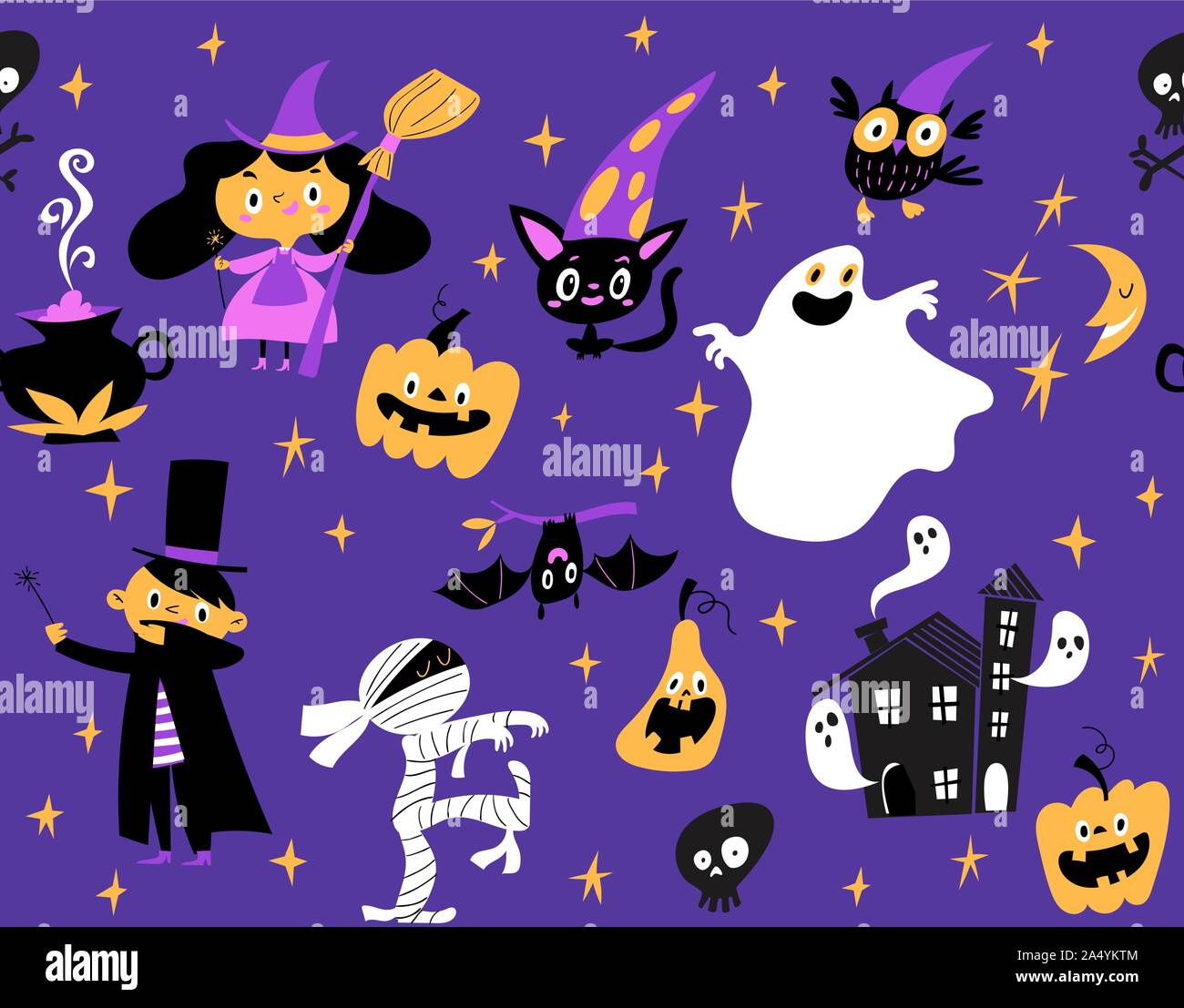 Vector seamless pattern for Halloween with funny cartoon characters. Stock Vector
