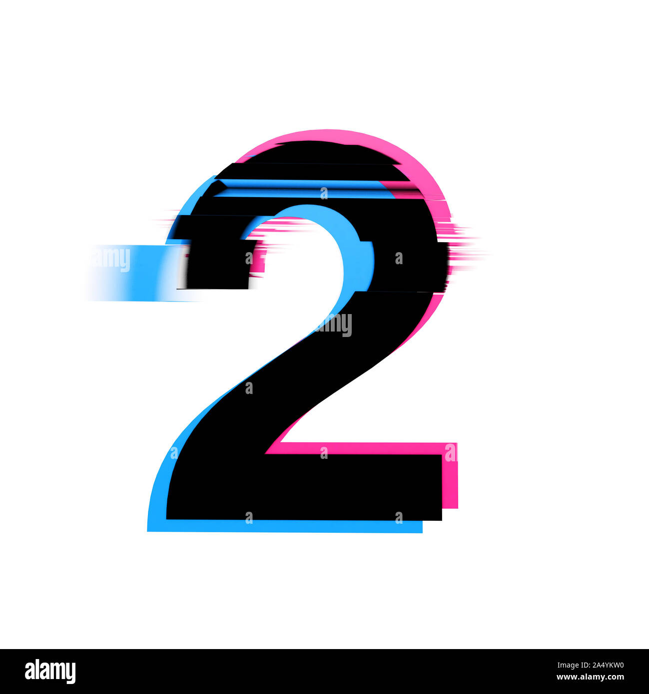 Number 2 distorted neon glitch effect text font. 3D Render Stock Photo