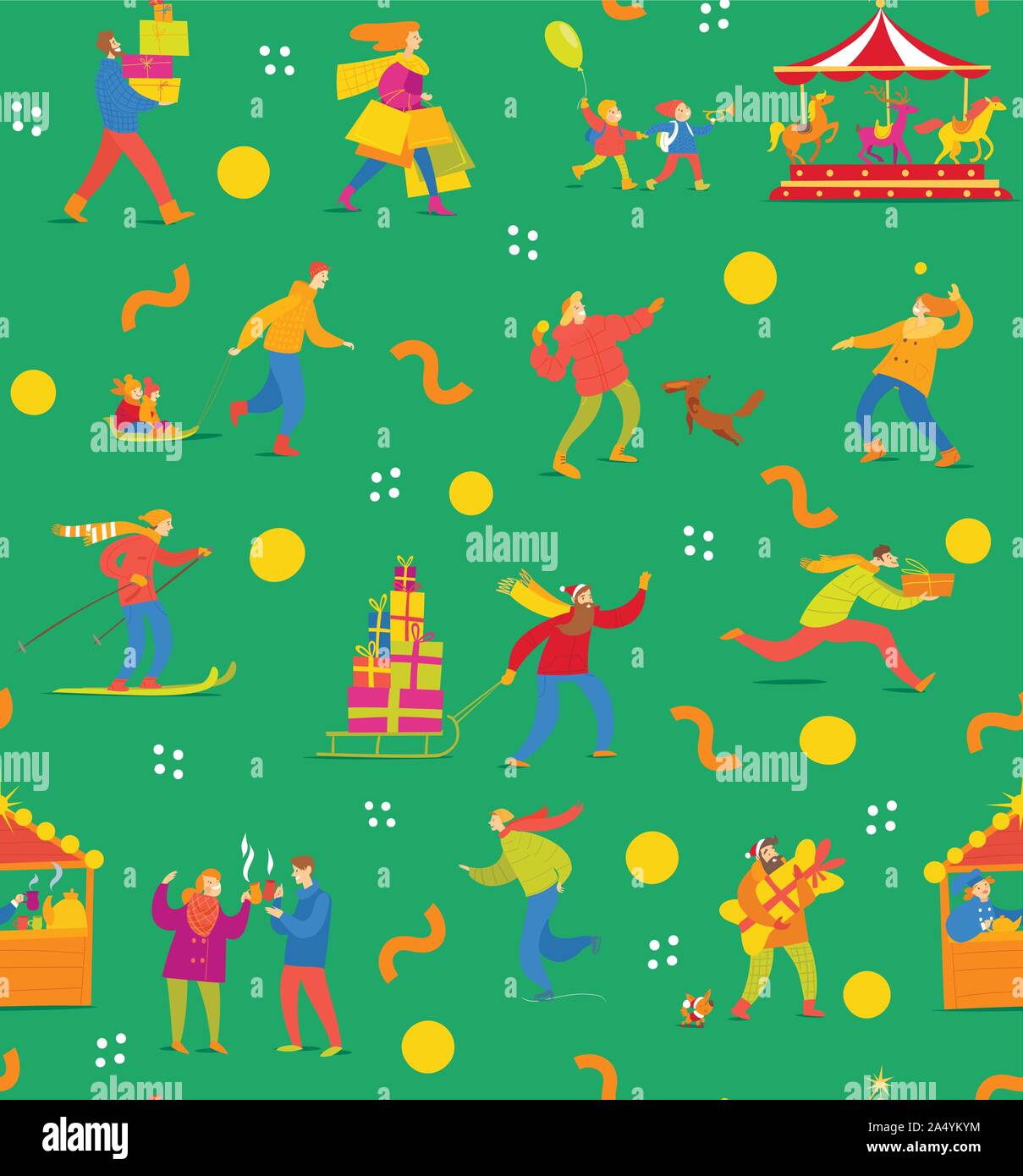 Winter seamless pattern with people for Christmas Stock Vector