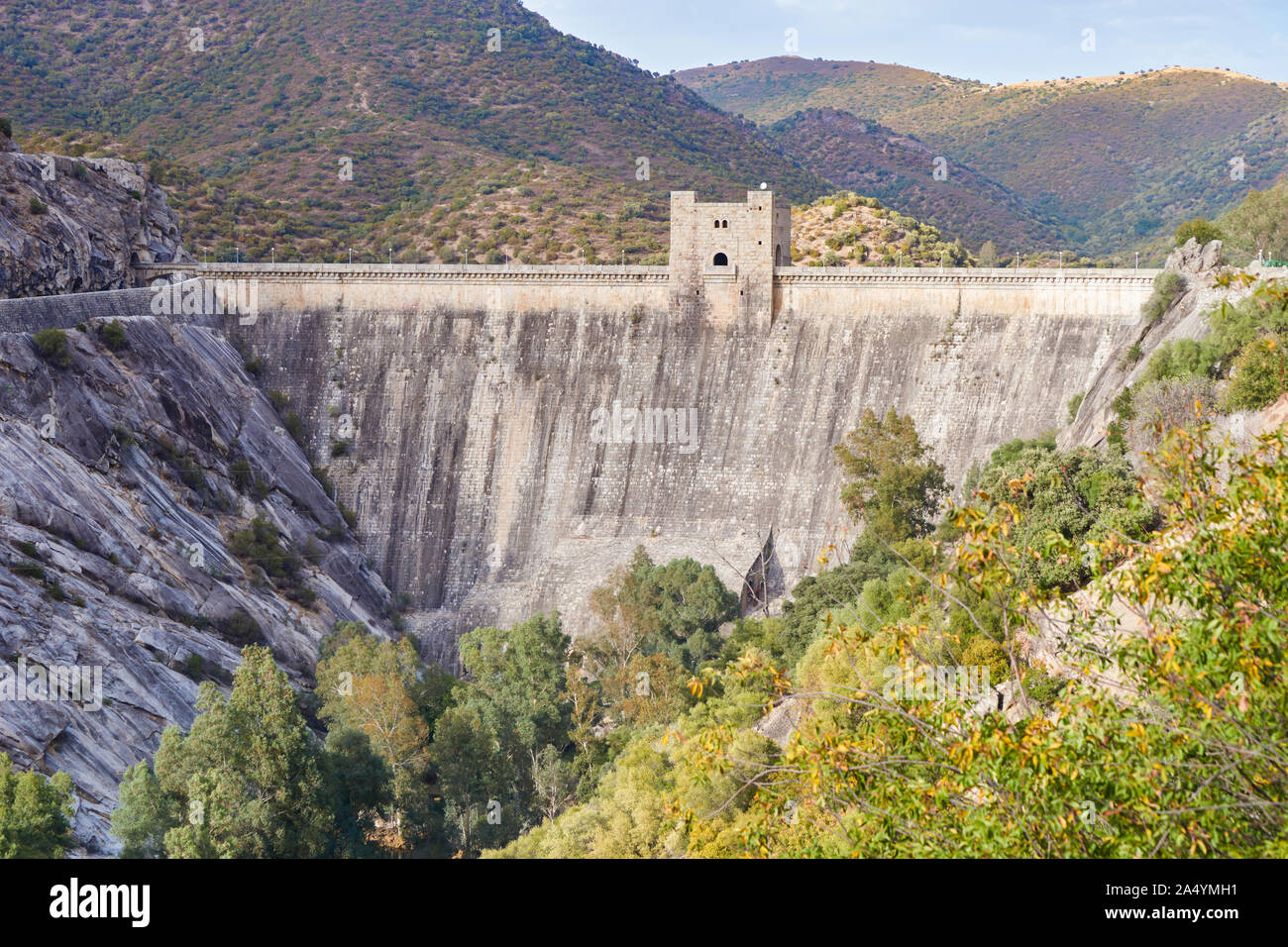Dam of the Jandula reservoir in the natural park of Andujar, Jaen. Spain Stock Photo