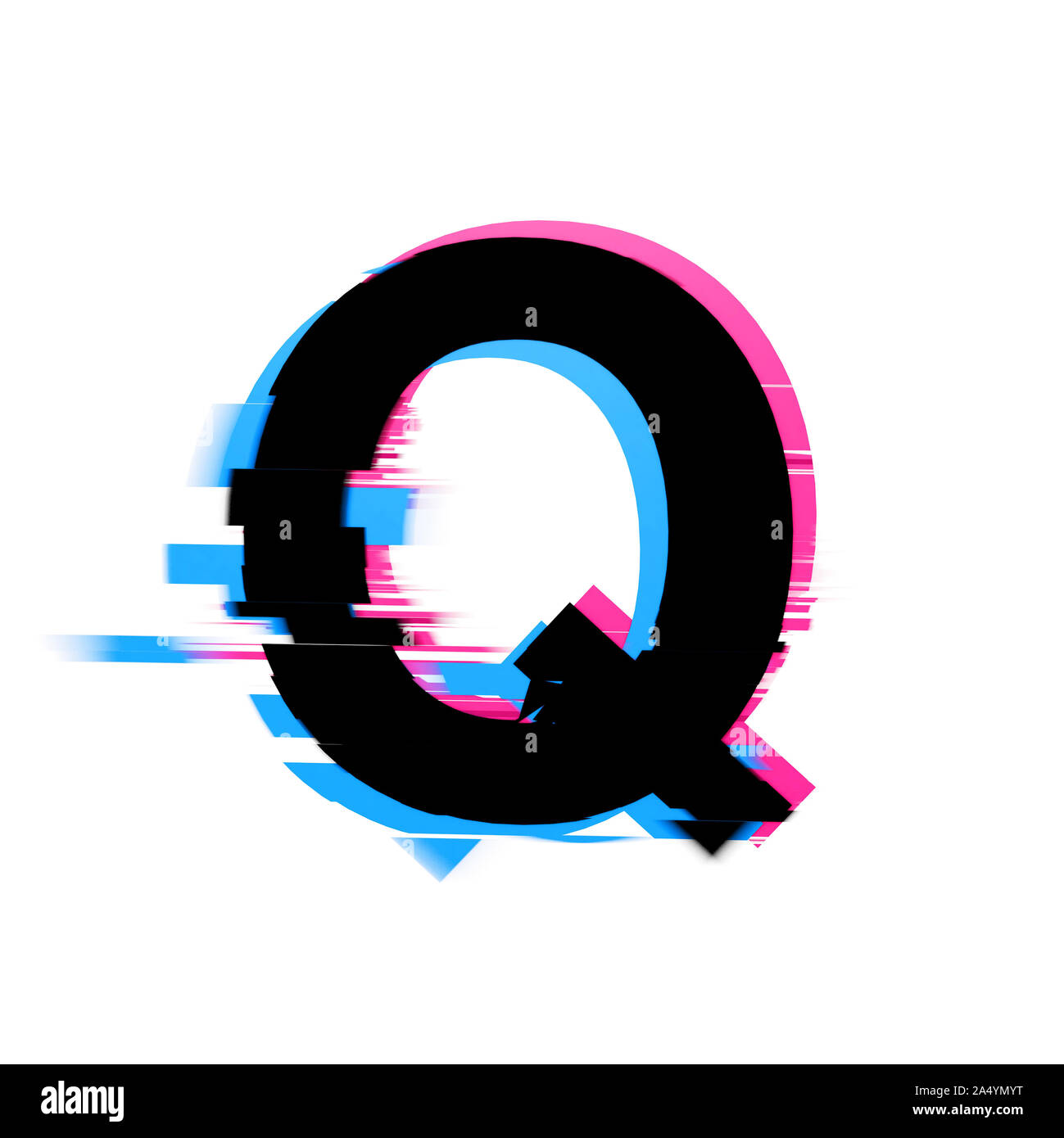 Letter Q distorted neon glitch effect text font. 3D Render Stock Photo
