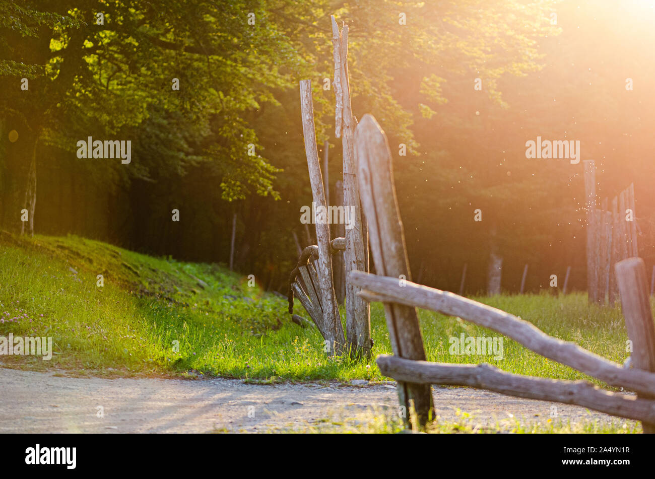 wooden grey fence in a beautiful field in a sunny countryside view with light bleeding from the upper right corner Stock Photo
