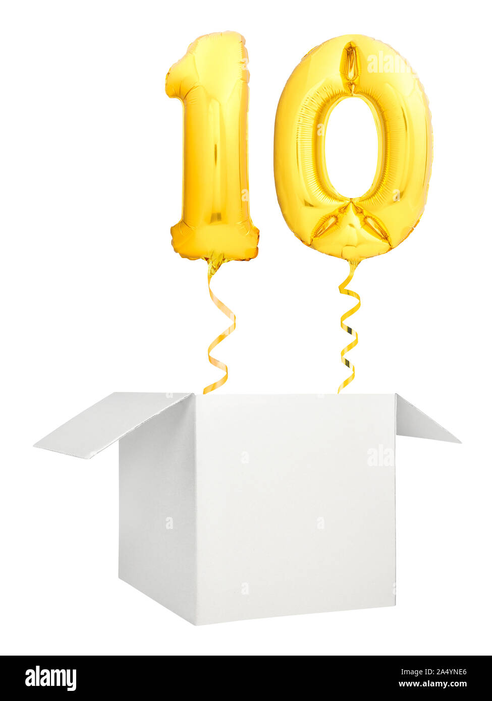 Golden number ten balloon flying out of blank white box isolated on