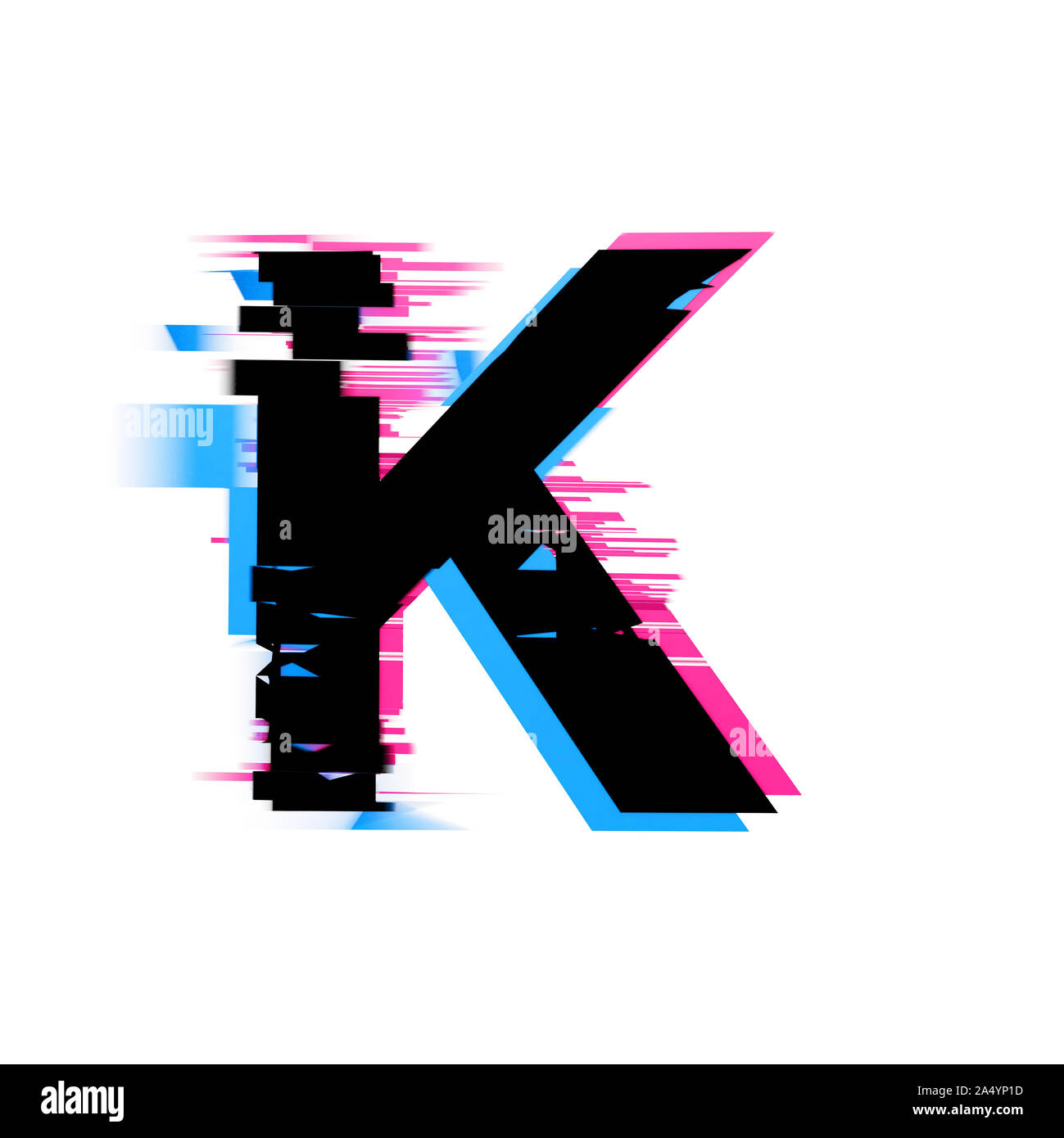 Letter K distorted neon glitch effect text font. 3D Render Stock Photo
