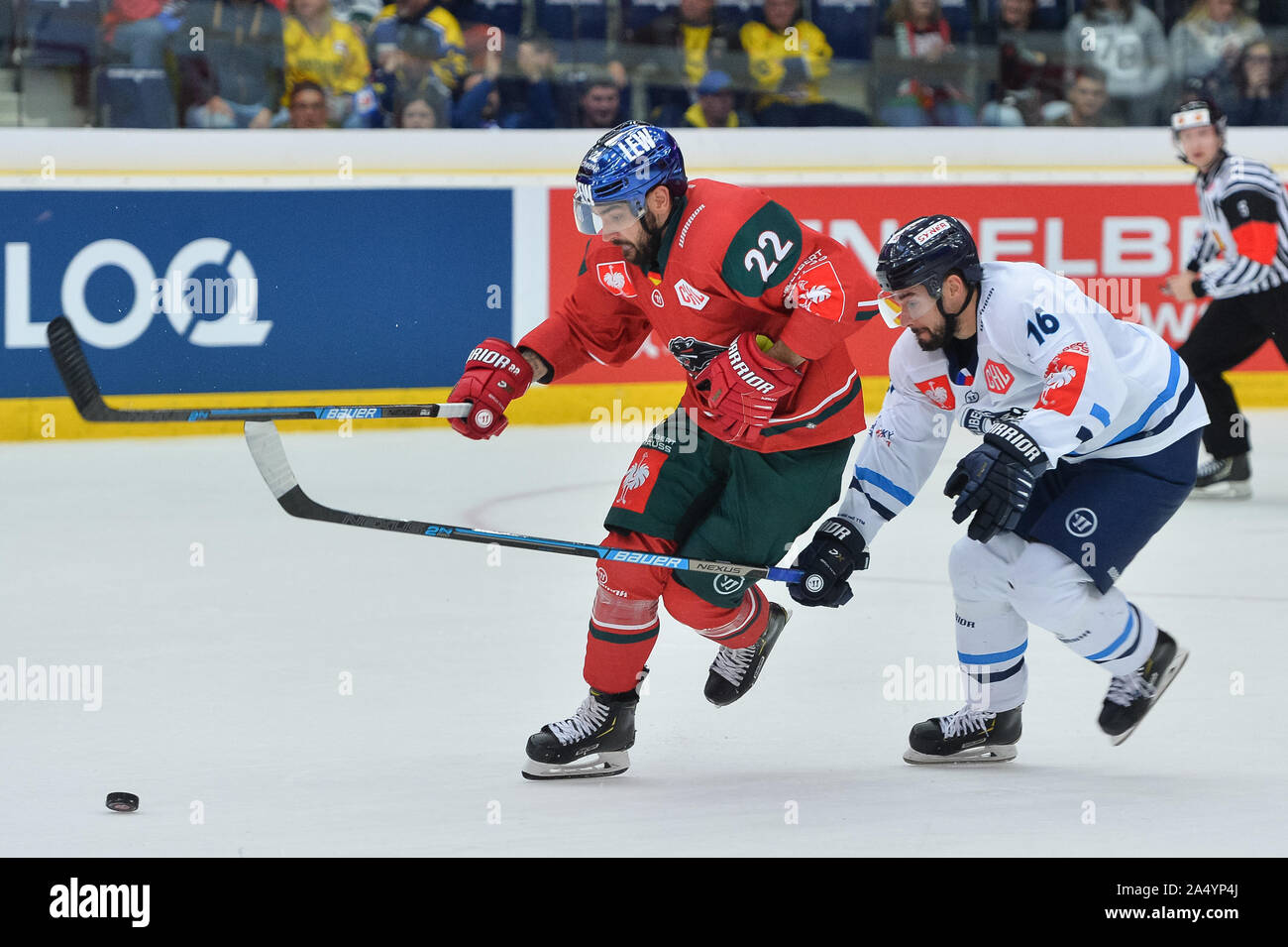 David Stieler of Augsburg and Michal Birner of Liberec in action during the