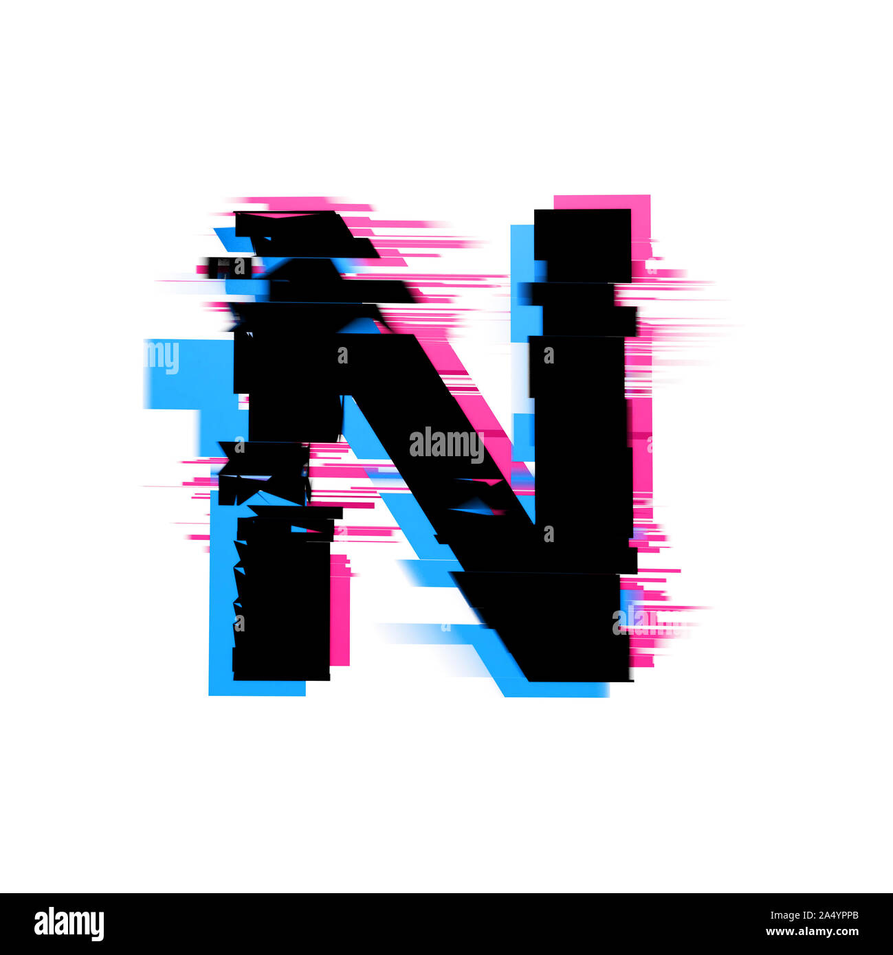 Letter N distorted neon glitch effect text font. 3D Render Stock Photo