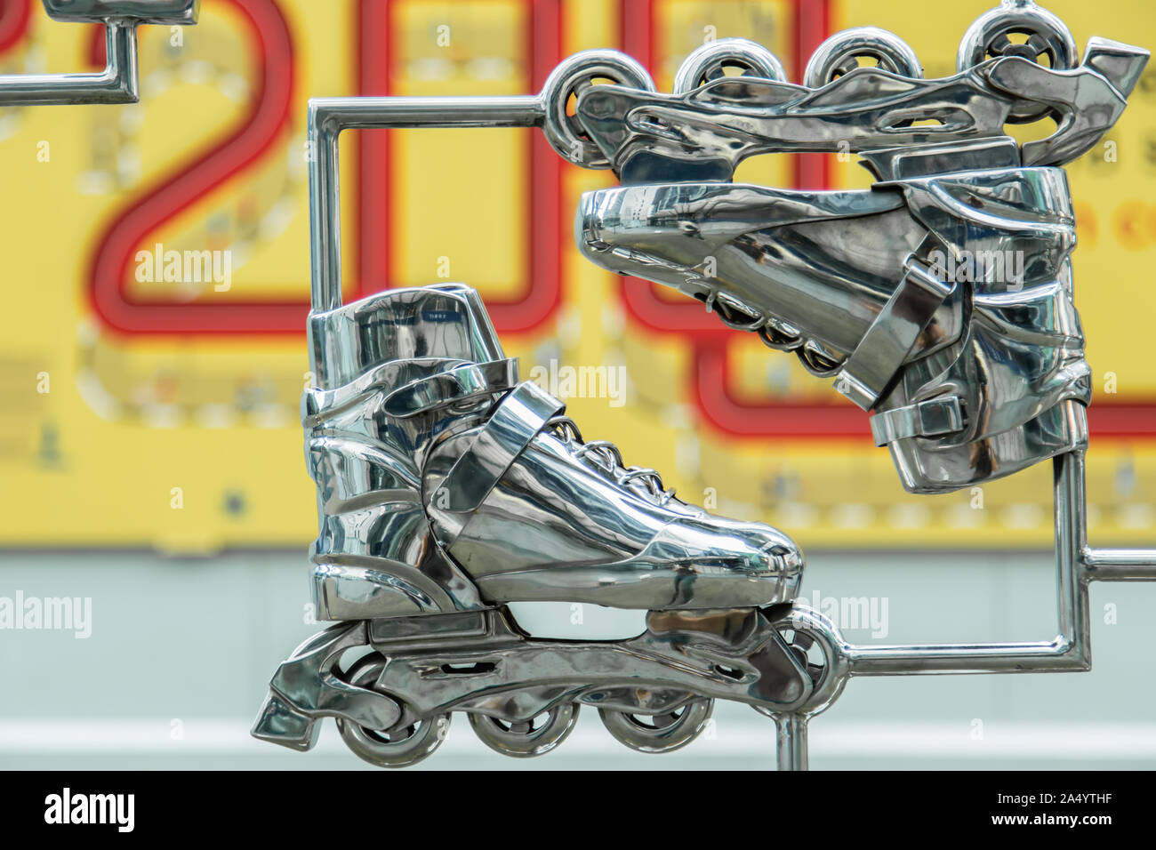 Singapore-18 NOV 2017:silver color skates shoes sculpture on the open space Stock Photo