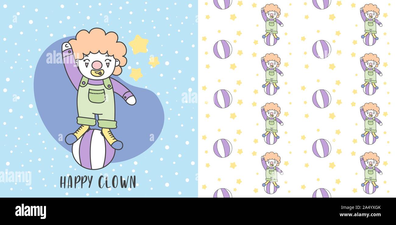 Happy Clown playing Ball and Seamless Pattern vector Illustration. Stock Vector