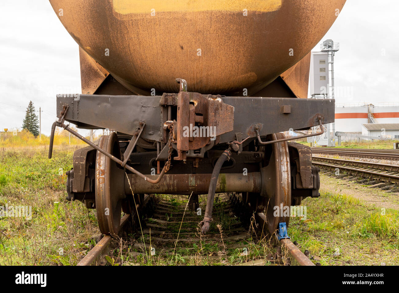 Last wagon cistern of freight train on a railroad Stock Photo